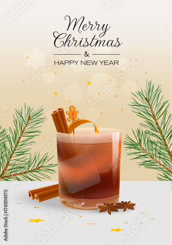 Negroni cocktail with gin, vermouth and campari on a background with a fir tree. Vector New Year's card.