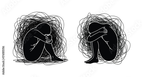 Two figures sit huddled overwhelmed by chaotic lines and inner turmoil