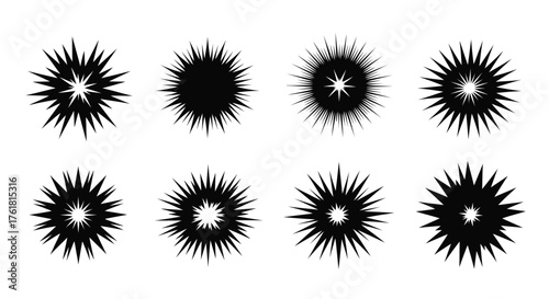 Collection of eight black starburst shapes with varying degrees of detail