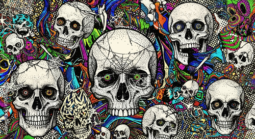 Vibrant psychedelic skull art, intricate patterns and surreal visuals in death theme