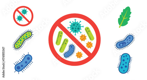 Protecting health illustration of viruses bacteria and a leaf symbol