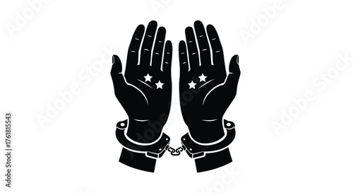 Hands held up with stars and handcuffs a symbol of restriction