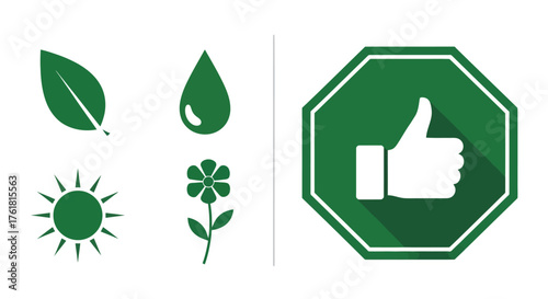 Green icons depicting nature positivity and environmental approval concepts