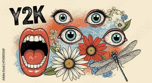 Y2K Aesthetic Illustration with Surreal Eyes, Open Mouth and Floral Elements