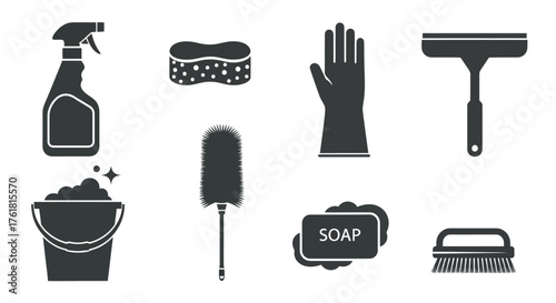 Essential cleaning supplies depicted in a monochrome vector style illustration