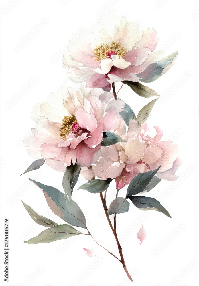 Obraz premium Watercolor floral illustration of light pink peonies, elegant botanical artwork.