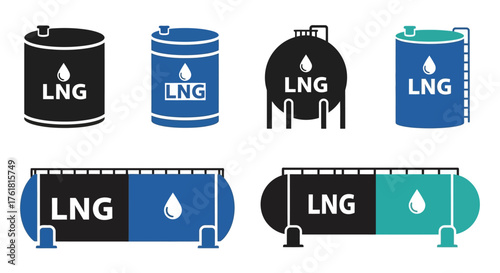 Various industrial storage tanks displaying labels for liquefied natural gas