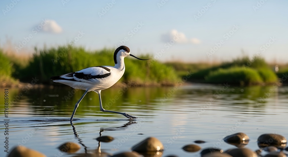 Obraz premium A black-and-white wading bird with a long, upturned bill strides through shallow, sunlit water. Green reeds line the background