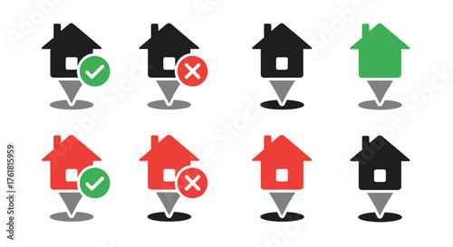 House location pins with check marks and crosses indicating approval status