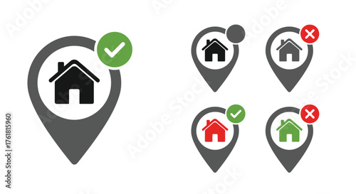 Location icons displaying house symbols with check and cross marks