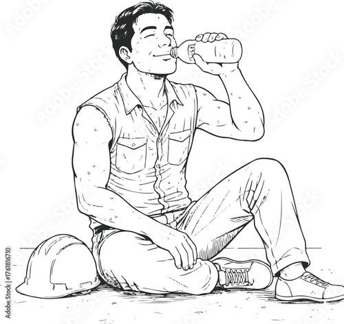 Cooling Down: A construction worker finds respite, pausing to hydrate with a refreshing drink, his hard hat resting beside him as he enjoys a moment of rejuvenation.