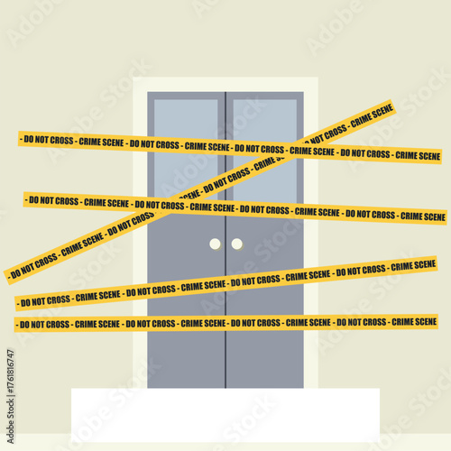 Crime scene. The door is covered with crime tape, vector illustration
