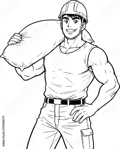 Smiling Construction Worker: An industrious construction worker, muscular build, smiles confidently, carrying a heavy sack of material across his shoulder, representing hard work and dedication.