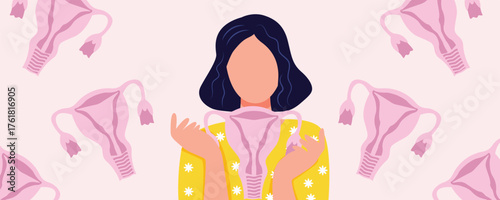 Caucasian woman, teenage girl holding uterus on pink background. Gynecology, women’s health, menstruation and reproductive system awareness illustration banner