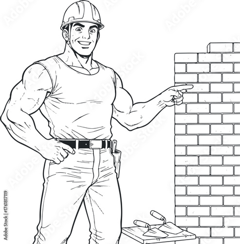 The Construction Expert: A robust construction worker stands confidently next to a brick wall, ready to build and supervise with a smile.