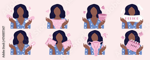 African American woman, teenage girl menstrual hygiene set. Pads, tampons, menstrual bag, uterus, panties, painkillers, pregnancy tests. Gynecology and feminine health concept
