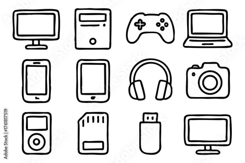 Electronic devices doodle line icon set – technology and digital gadgets vector illustration