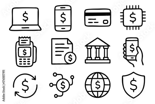 Electronic finance doodle line icon set – money and banking vector illustration