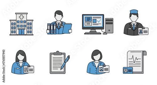 A collection of flat design medical and healthcare icons featuring doctors a hospital and clinical equipment.