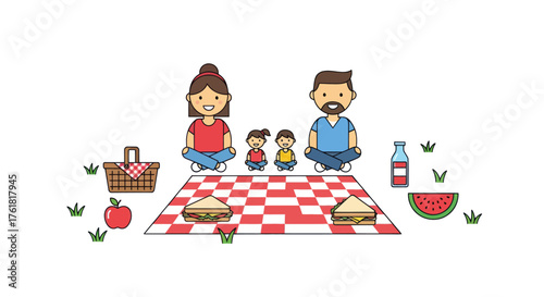 Happy Family Picnic Illustration with Parents and Two Children Outdoors.