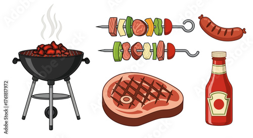 Barbecue Grill with Meats Skewers Steak and Ketchup Bottle.