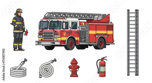 Firefighter Firetruck Ladder Fire Hydrant Hose and Extinguisher Illustration.