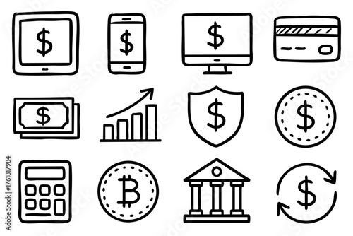 Electronic finance doodle line icon set – money and banking vector illustration