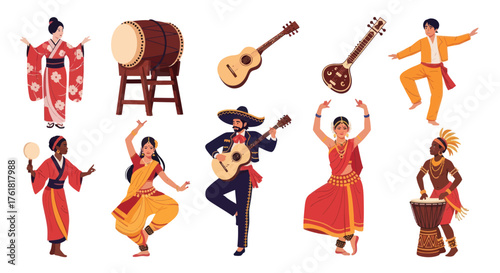 Diverse Cultural Performers and Musical Instruments from Around the World.