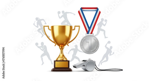 Golden Trophy Silver Medal and Whistle with Running Silhouettes.