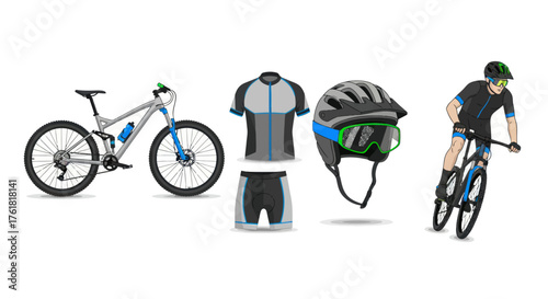 Complete Cycling Gear Set: Bike Apparel Helmet and Cyclist.