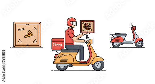 Pizza Delivery Illustration: Courier on Scooter with Pizza Box and Cardboard Box.