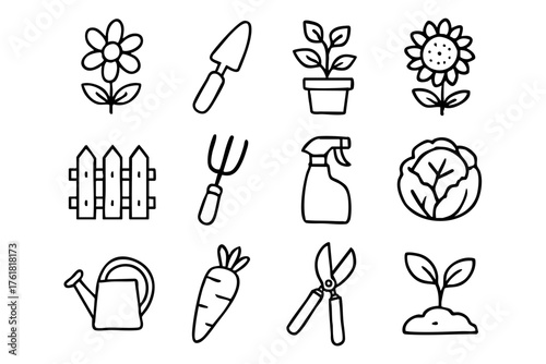 Garden line doodle icon set – nature and gardening tools vector illustration