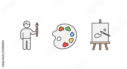 Artist with Brush Palette and Easel: Colorful Art Supplies Icon Set.