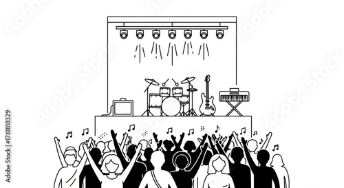 Concert Stage with Band and Cheering Crowd Outline Illustration.