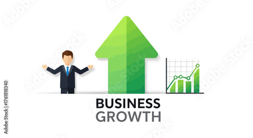 Business growth concept with a cartoon manager a large green upward arrow and a rising financial chart.