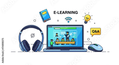 Digital E-Learning Platform with Laptop Headphones and Study Icons.