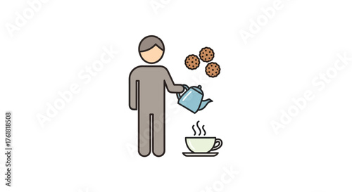 Stylized Person Serving Hot Tea from Teapot into Steaming Cup with Cookies Icon.