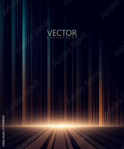 Vertical light rays falling onto a glowing floor, forming a dark abstract stage in blue and warm tones. A vibrant vector light backdrop for overlays in design and illustrations.