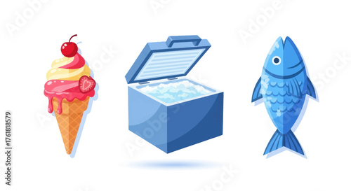Three distinct food-related items: ice cream cone open freezer and a stylized fish.