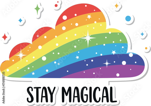 Cheerful 'Stay Magical' Hand-Drawn Circular Quote Vector Design with Rainbow and Cloud for Positive and Fantasy Theme