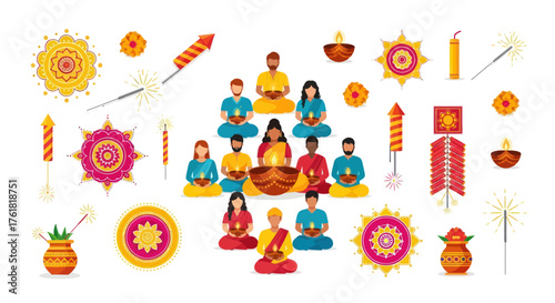 Festive Indian Family Celebrating Diwali with Diyas and Fireworks.