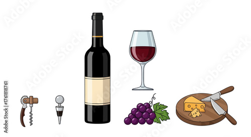 Elegant Red Wine Bottle Glass Grapes and Cheese Illustration.