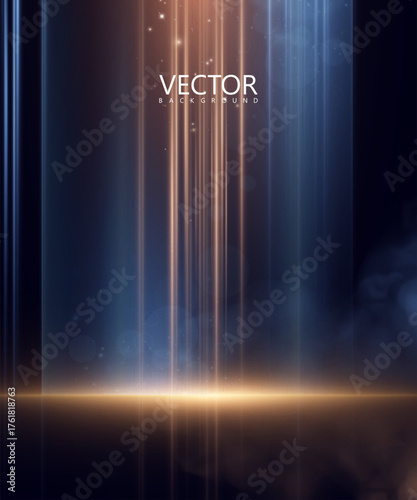 Vertical glowing rays rise from a glowing stage with a blue-amber gradient and a subtle haze. Vector background for technical posters, UI headers, presentations, and music covers.