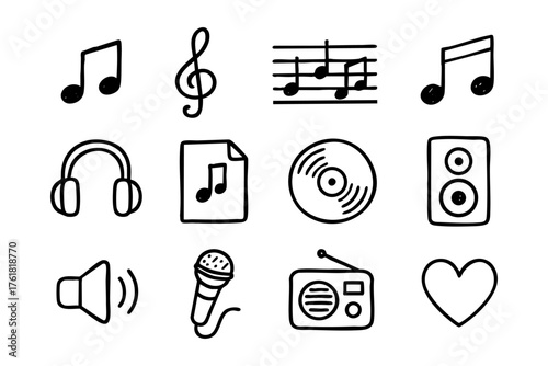 Music line doodle icon set – sound and audio vector illustration