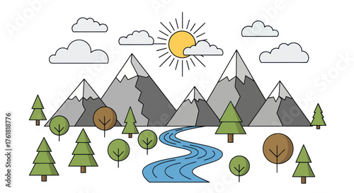 Mountain Landscape with River Trees Clouds and Sun Illustration.