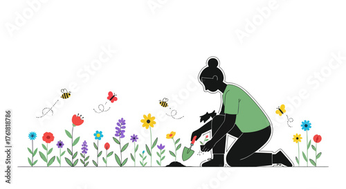 Woman gardening colorful flowers in a garden tending to plants with care.