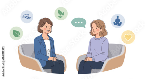 Two Women in Conversation Discussing Mental Wellness and Therapy.