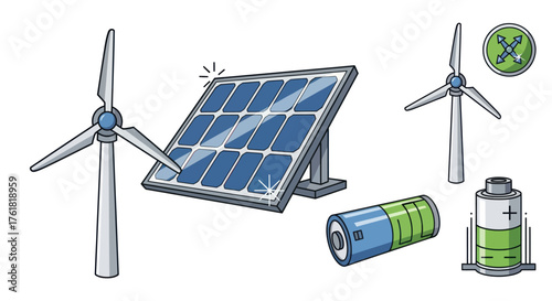 Illustrated Renewable Energy Set: Solar Panel Wind Turbines and Batteries.