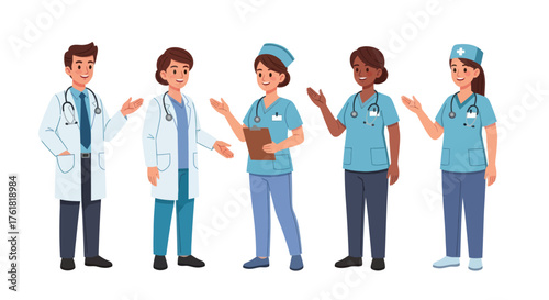 Diverse group of medical professionals in uniform smiling and gesturing.