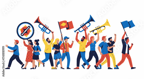 Cheerful Parade of Musicians and Supporters with Flags and Instruments.